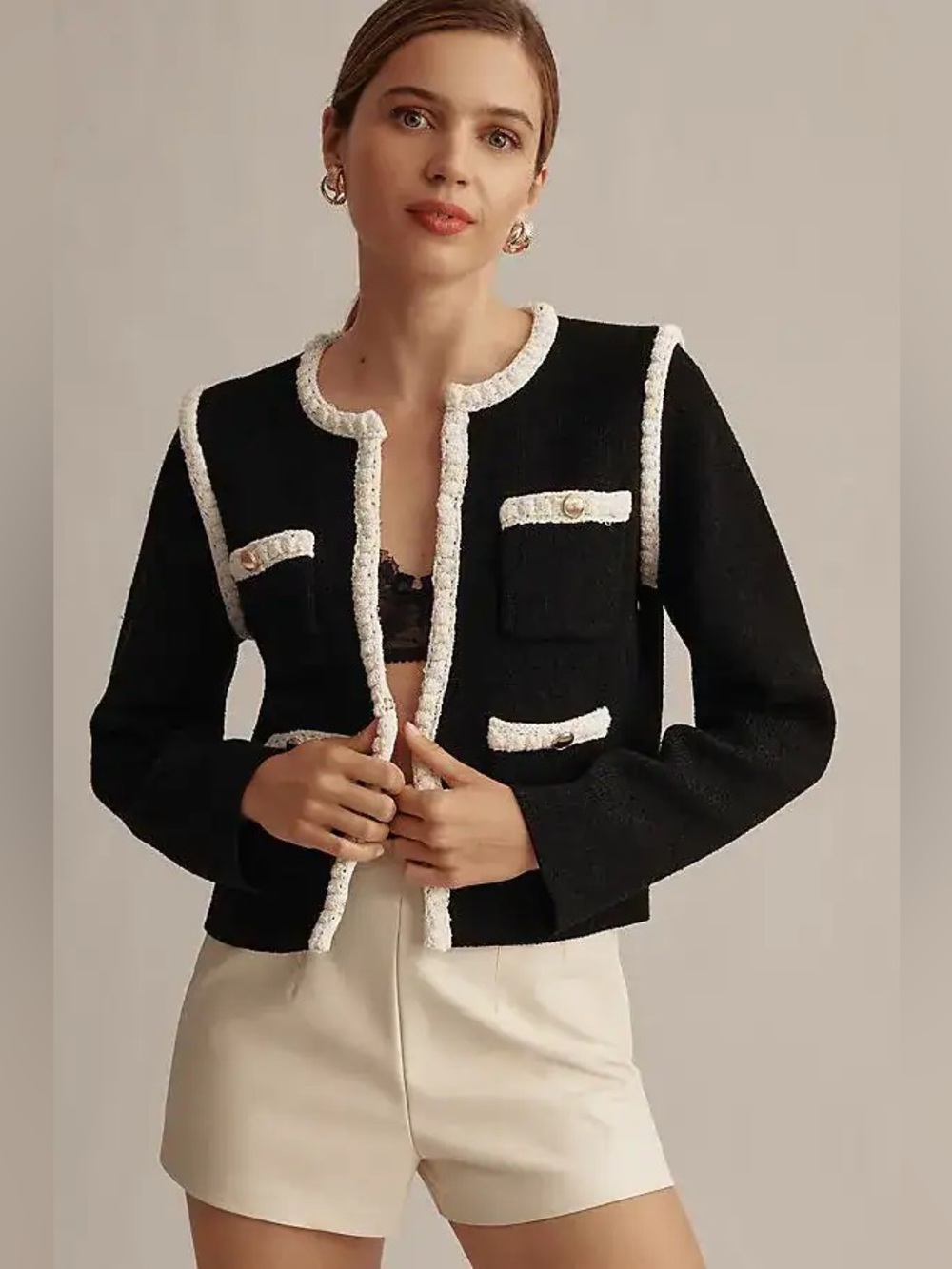 ANTHROPOLOGIE MAEVE Collarless Tipped Knit Jacket Small Black Contrast Parisian